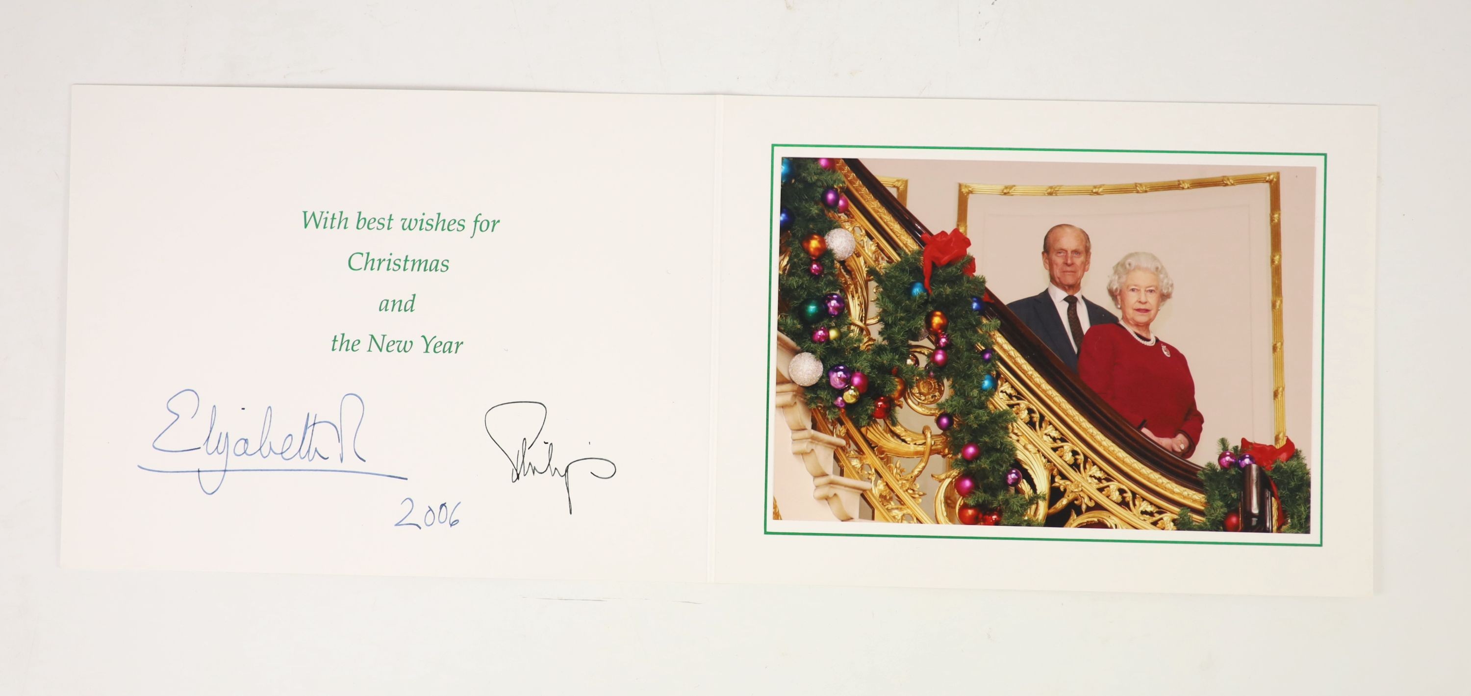Elizabeth II, Queen of England, Philip, Prince, Duke of Edinburgh - a collection of 9 colour photographs, sent as Christmas cards, for the years 2003, 2005-06, 2008 and 2014, portraying and signed by the Queen and the Du